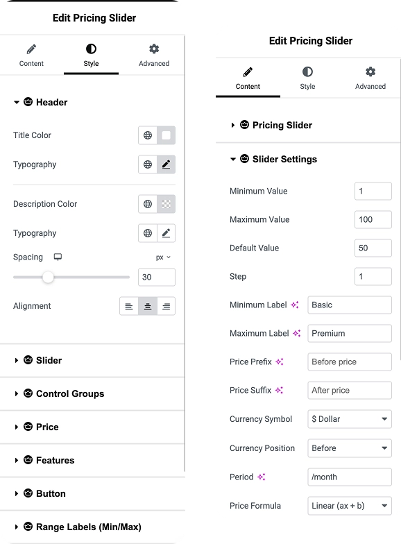 Pricing Slider for Elementor Customize